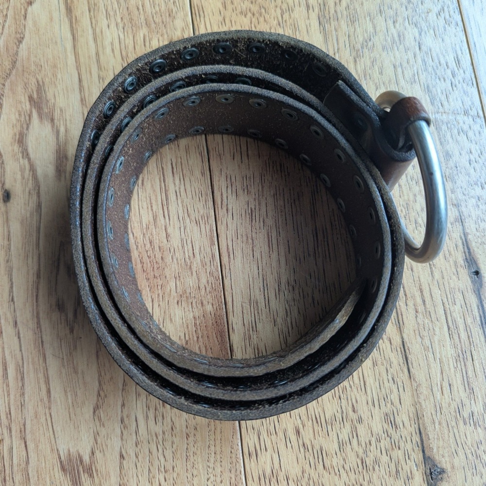 Vtg J.Crew Grommet Belt Brown Leather Ring Buckle Made in England Sz L/XL 40in - Picture 3 of 7